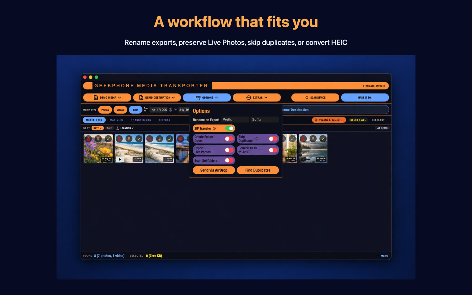 GeekPhoneMediaTransporter running on macOS with fictional demonstration media
