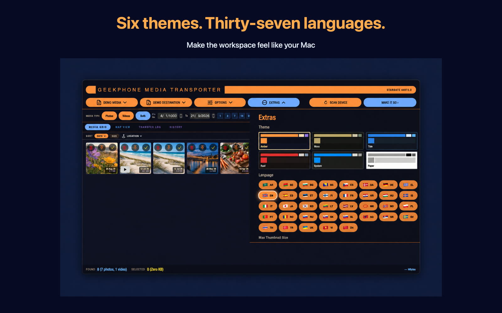 GeekPhoneMediaTransporter running on macOS with fictional demonstration media